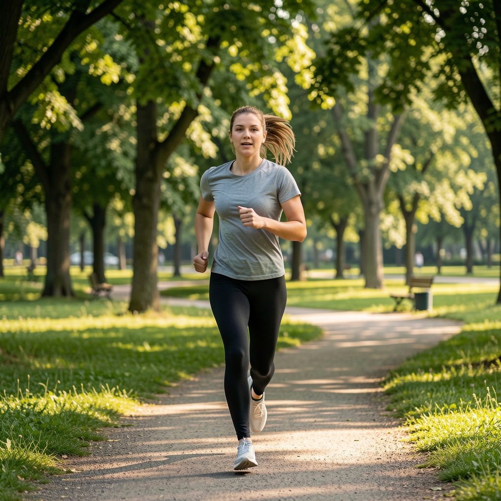 Особа у мирној рекреативној шетњи или лаком трчању у парку окруженом зеленилом, природно јутарње осветљење, без спортске опреме и маркетиншких реквизита