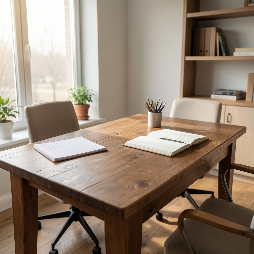 Тихи радни простор са дрвеним столом, отвореним бележницама и природним светлом кроз прозор, неутрална мирна атмосфера канцеларијског амбијента