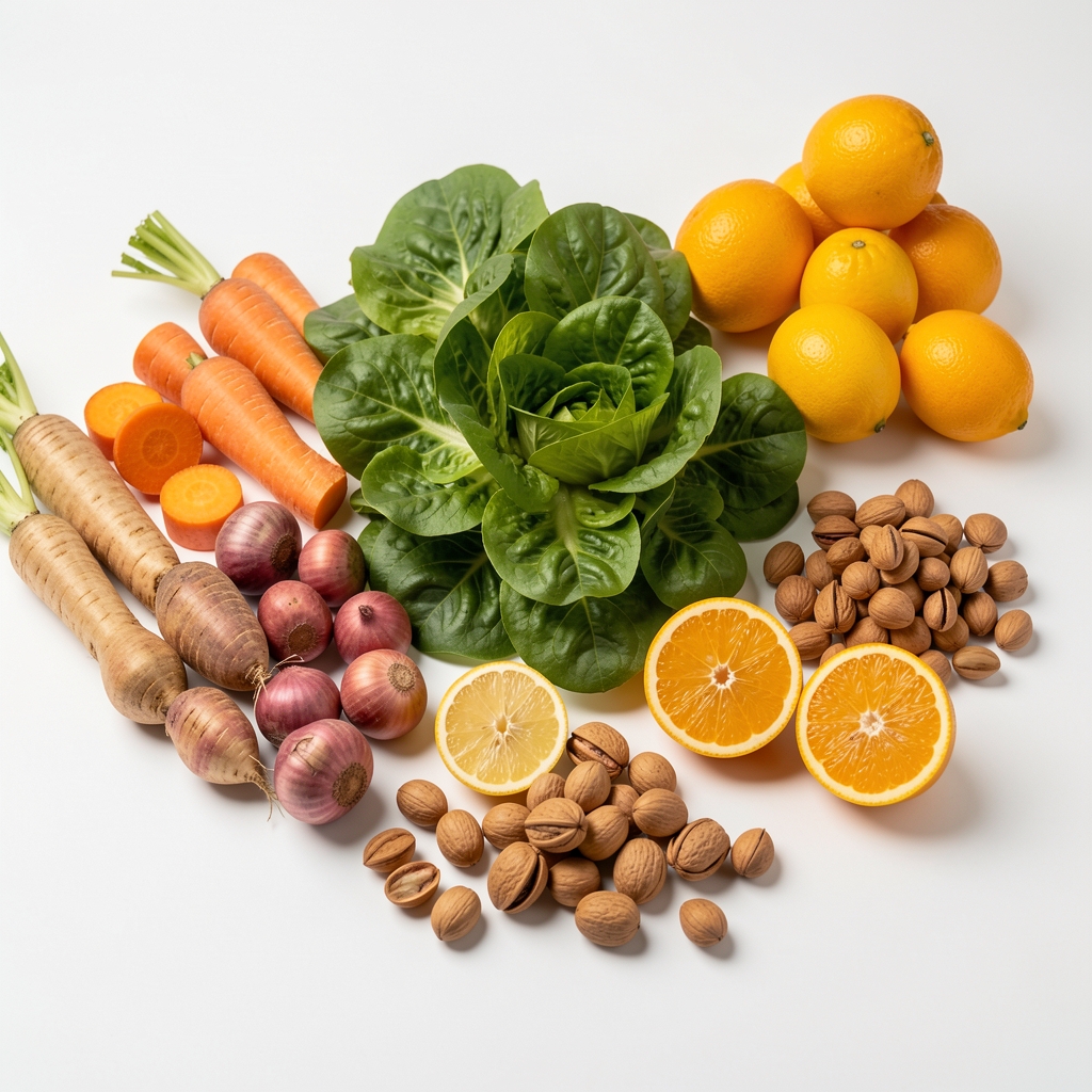 Разнобојне сезонске намирнице распоређене по групама на белој површини: кореново поврће, лиснато зеленило, цитруси и орашасти плодови у природном расположеном светлу