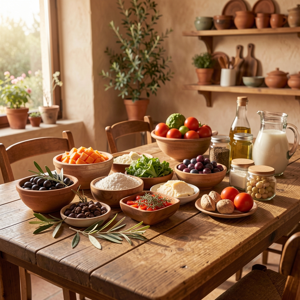 Разноврстан избор свежих намирница на природном дрвеном столу у добро осветљеном простору, медитеранска исхрана са маслинама, поврћем и зачинима